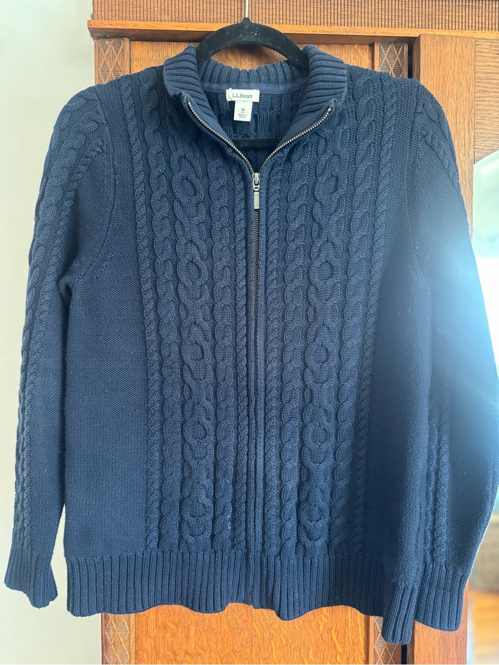 L.L. Bean Full Zip Cable Knit Cardigan Navy Blue Petite Medium 100% Cotton